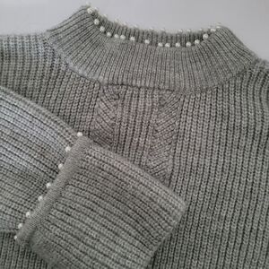 Crown & Ivy Womens Sweater Gray XXL 2XL Pearl Beaded Collar and Sleeve Detail